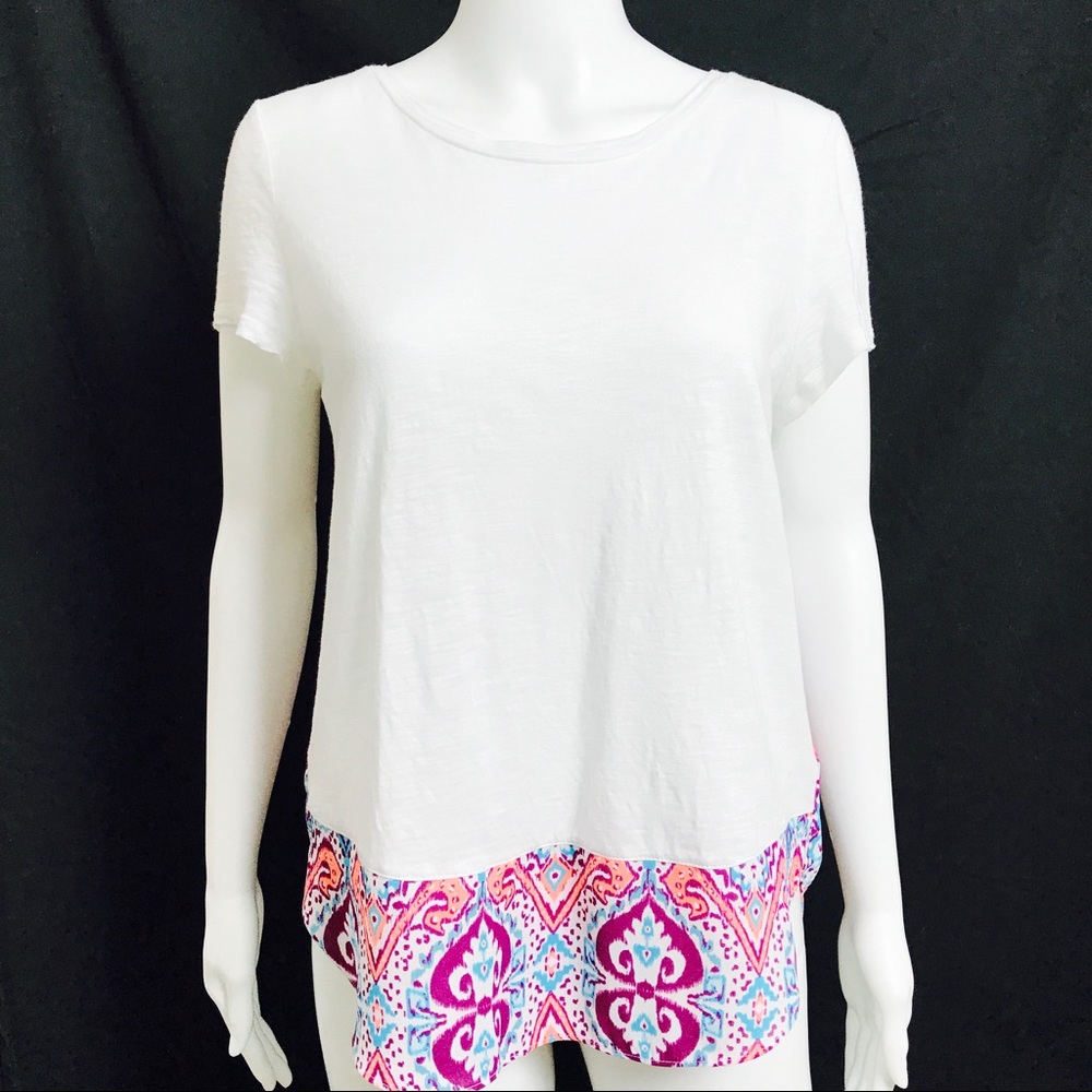 Express White T-Shirt Tunic Top with Printed Hem