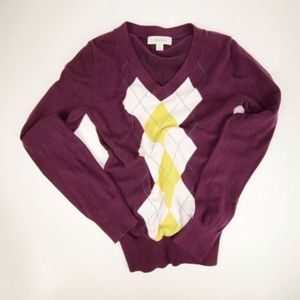 Merona Purple, White, Green/Yellow Argyle Vneck.