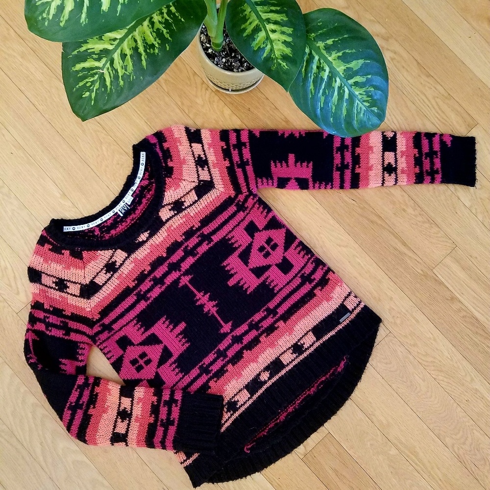 Southwestern Pink Ethnic Woven Knit Sweater