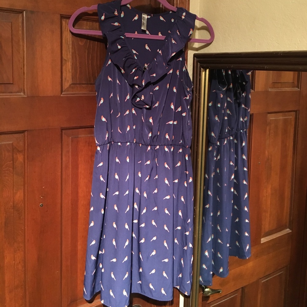Blue Ophelia ruffled dress with bird print