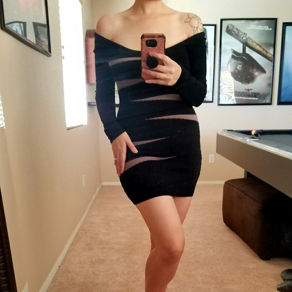 Off Shoulder Striped Bandage LS Mini Dress S