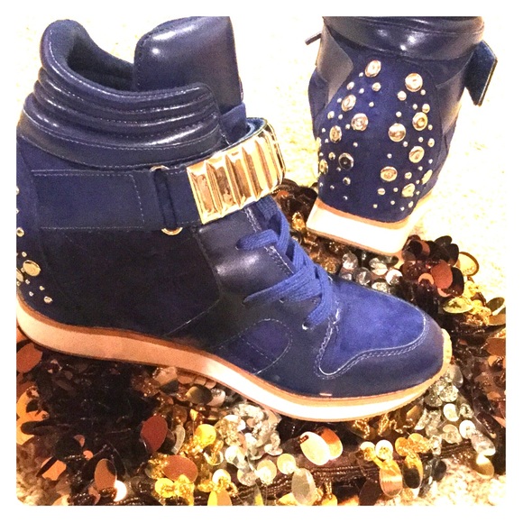 Qupid Shoes - Blue Studded Qupid Wedge Sneakers