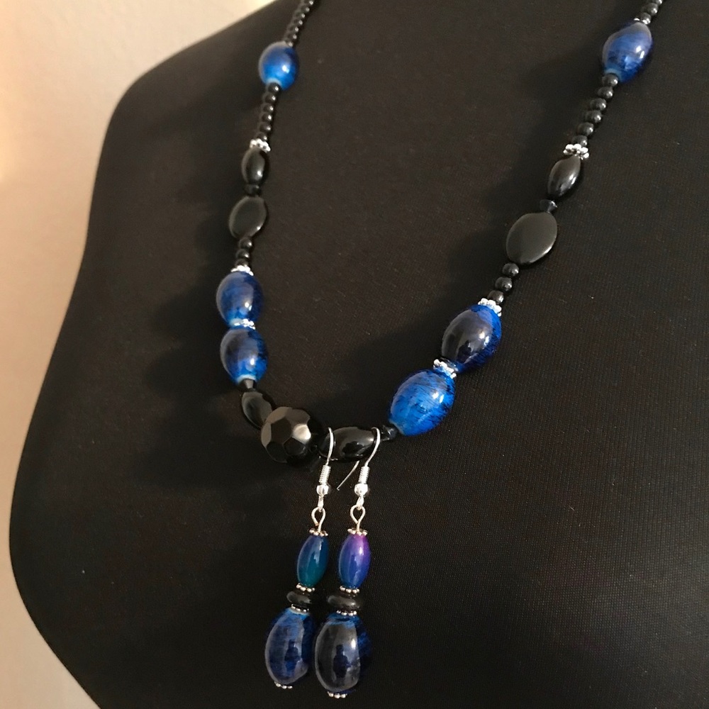 Handmade Royal Blue Beaded Necklace & Earrings Set