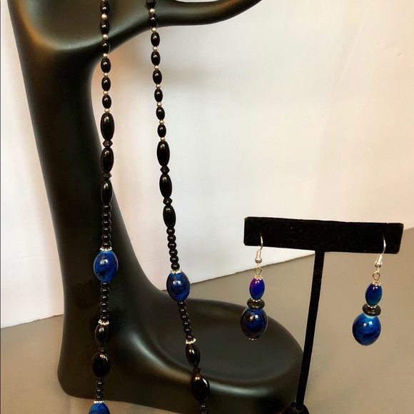 Handmade Royal Blue Beaded Necklace & Earrings Set - Picture 2 of 7