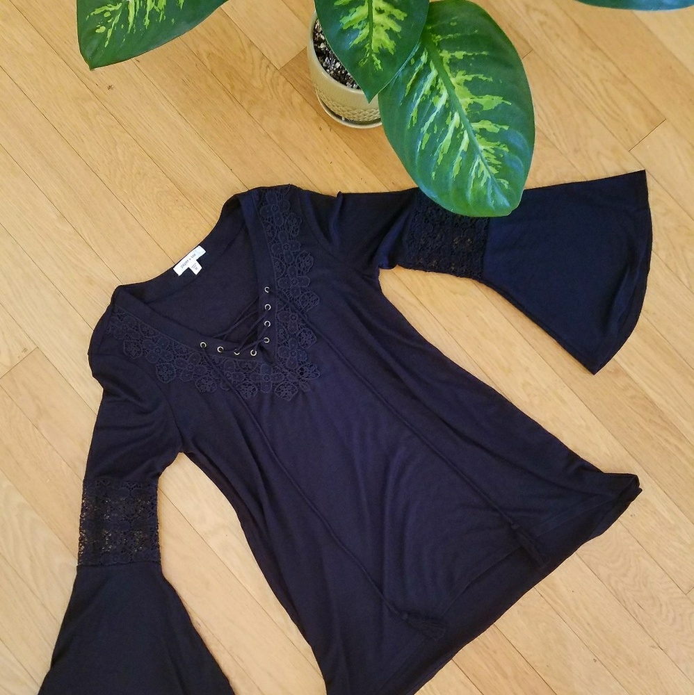 Deep V Hippie Boho Bell Slv Crochet Tunic Top S M