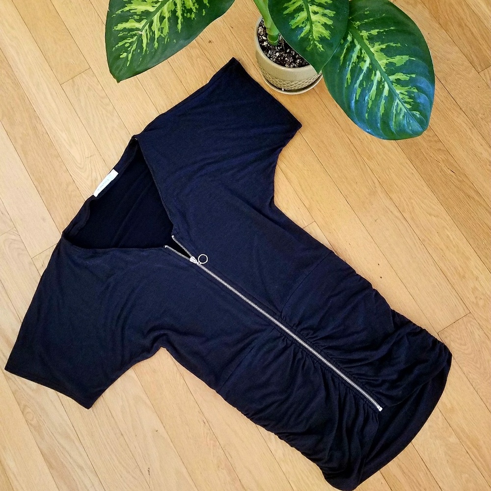 Bandage Ruched Zipper T Shirt Mini LBD Dress