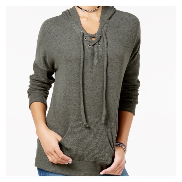 NWT Olive Green Lace Up V Neck Hoodie Tunic M S - Picture 3 of 4