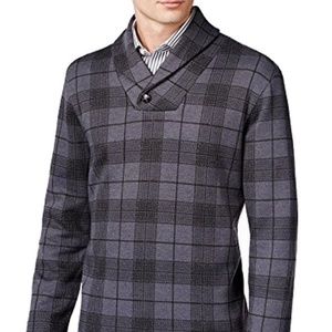 Tasso Elba Gray V-Neck Plaid Shawl Collar Sweater