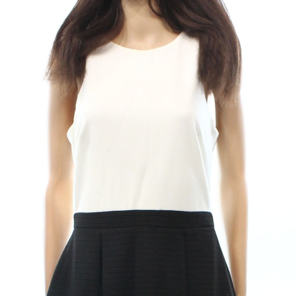 INC White Ivory Colorblock Textured Pleated Dress