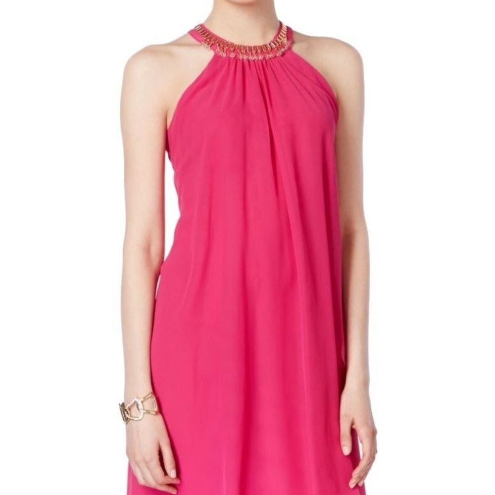 SLNY Pink Embellished Halter Hi-Lo Sheath Dress