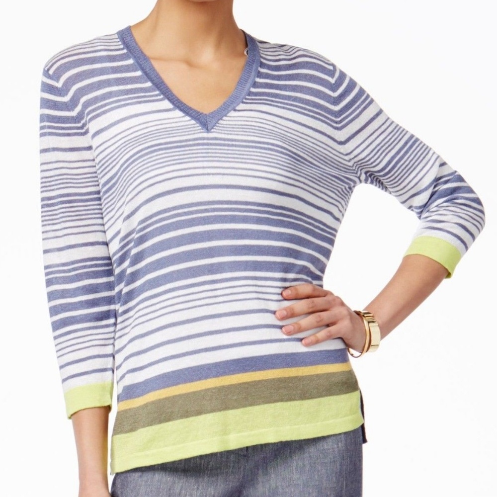 Anne Klein Blue Striped Colorblock V-Neck Sweater