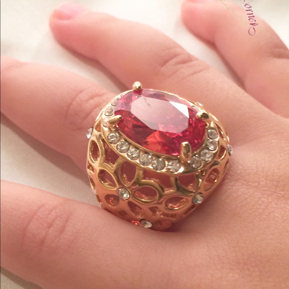 Yellow Gold Plated Lady Ring,With Red Crystal colo