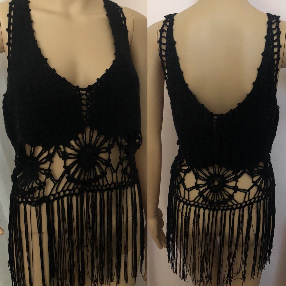 Boho Tasseled Fringed Black Crochet Tank Top M