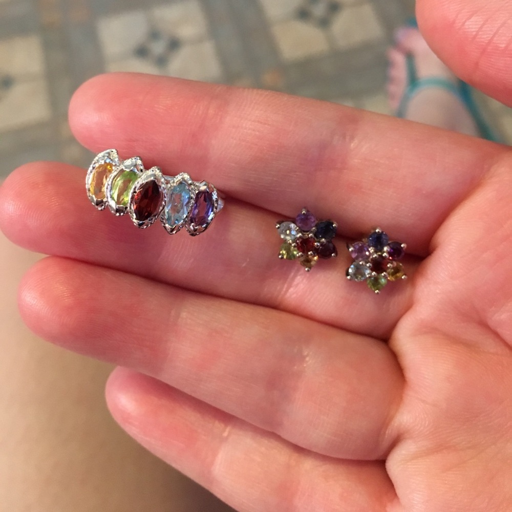 Multi gem sterling silver ring and earrings set