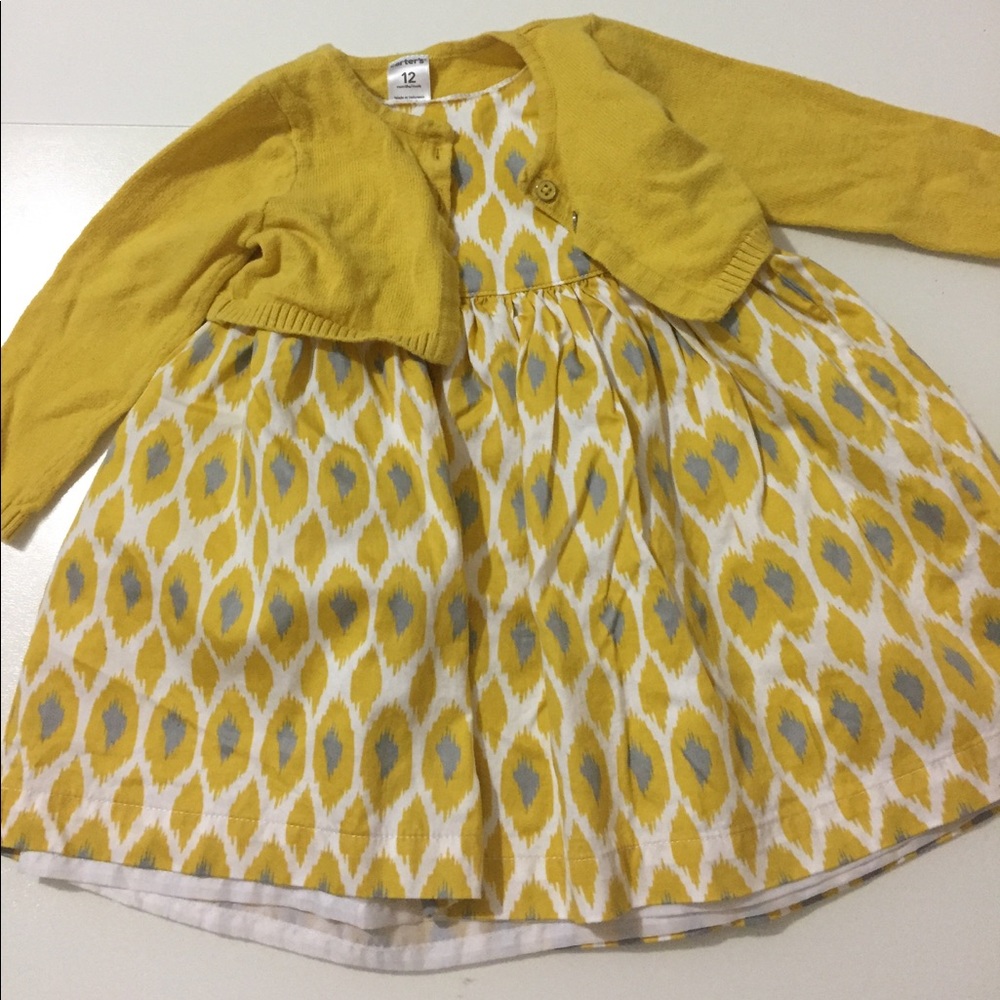 Carters 12 mo mustard gray dress & cardigan