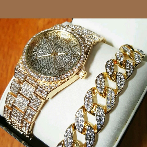 Luxury Gold Tone Hip Hop stylish watch & bracelet - Picture 2 of 6