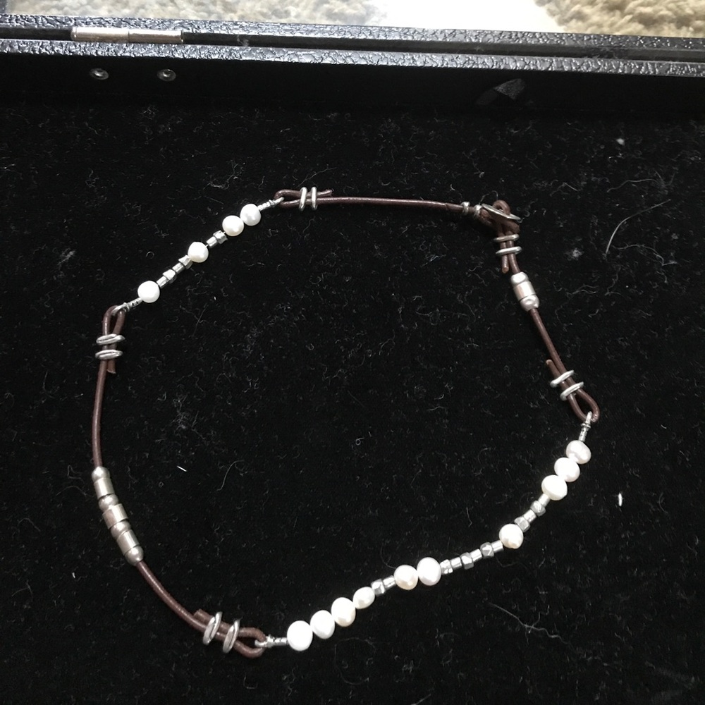 Brown leather fresh water pear necklace