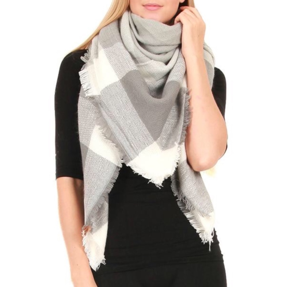 Grey Tartan Plaid Big Blanket Scarf