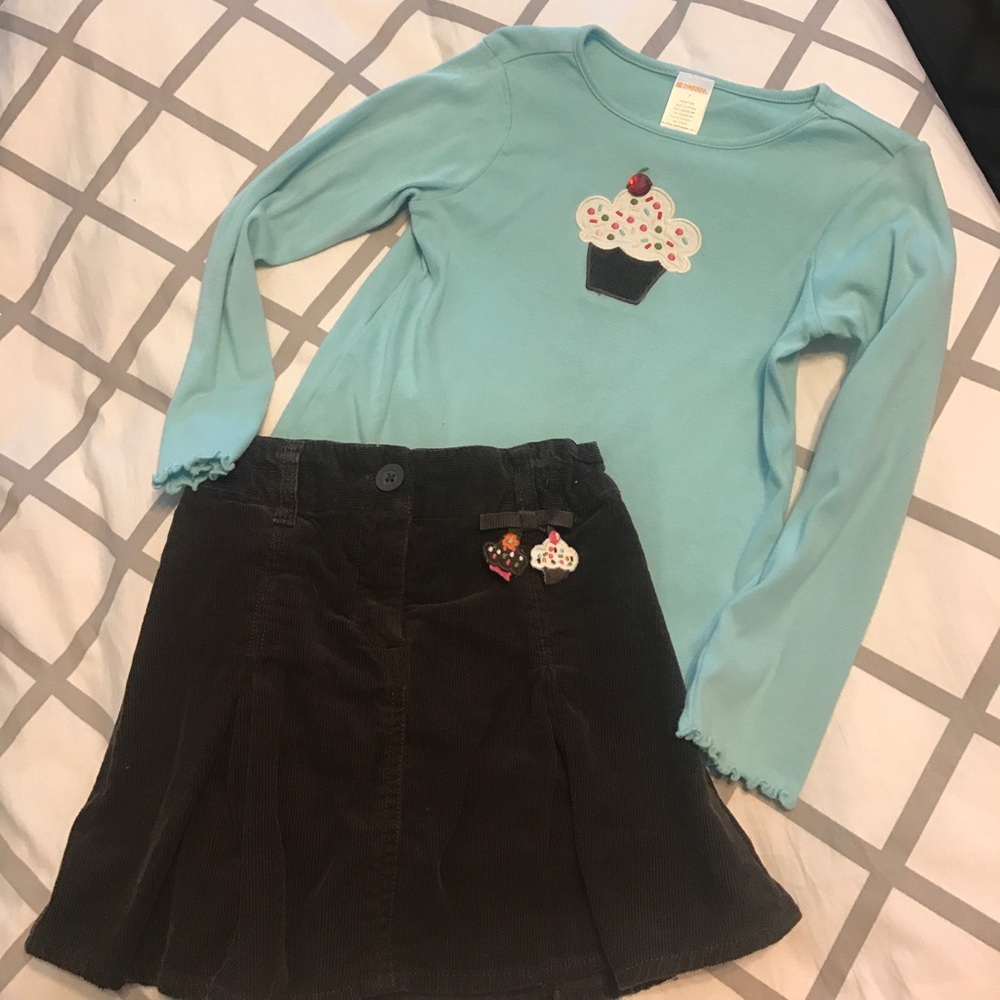 Gymboree Blue Cupcake Tee & Brown Corduroy Skirt