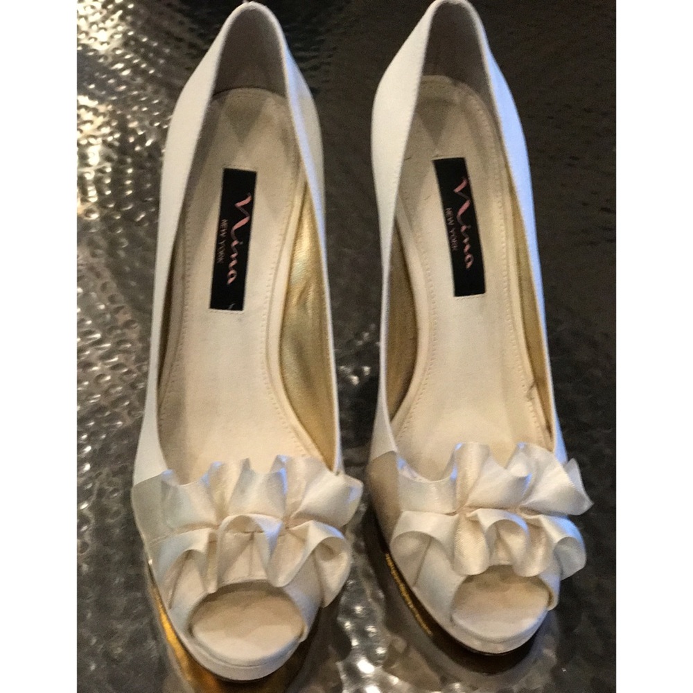 Off White Satin Heels with Ruffle detail size 7.5