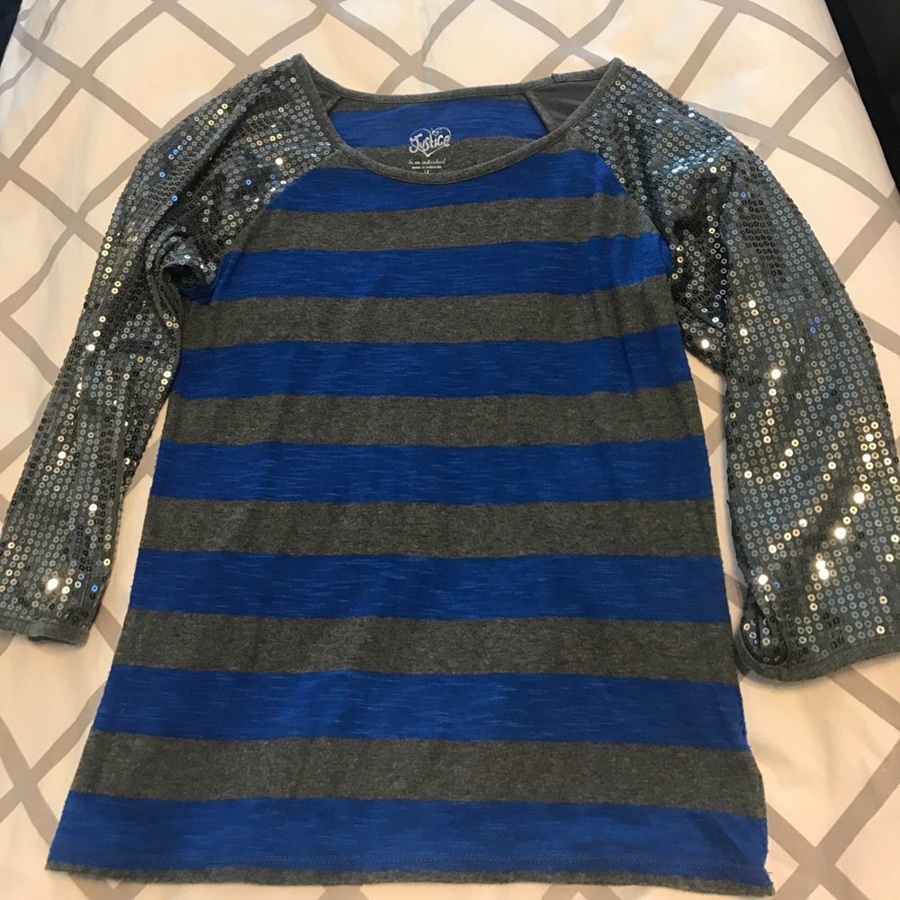 Justice Blue & Gray Striped tee w/ Sequin Sleeves