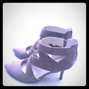 Brown suede pointed toe heels