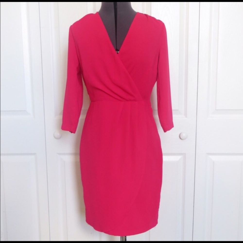 NWT Hot Pink Faux Wrap Dress 3/4 Length Sleeves