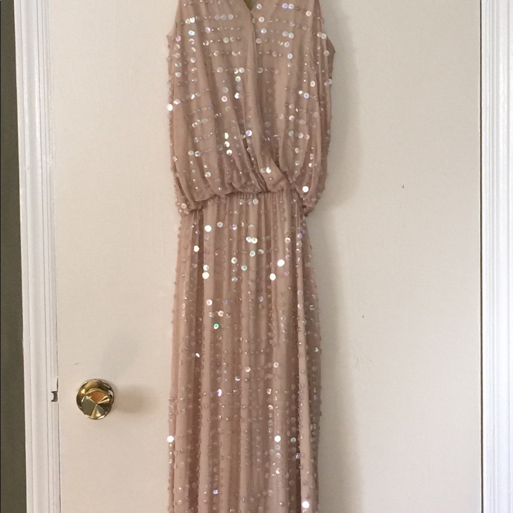 Tan sequined gown. Never worn . Stunning on ,