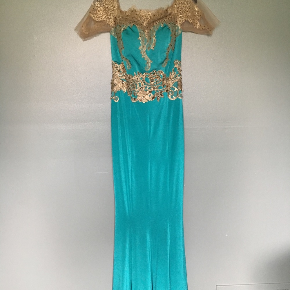 JOVANI TEAL GOLD LACE PROM EVENING LONG DRESS 4