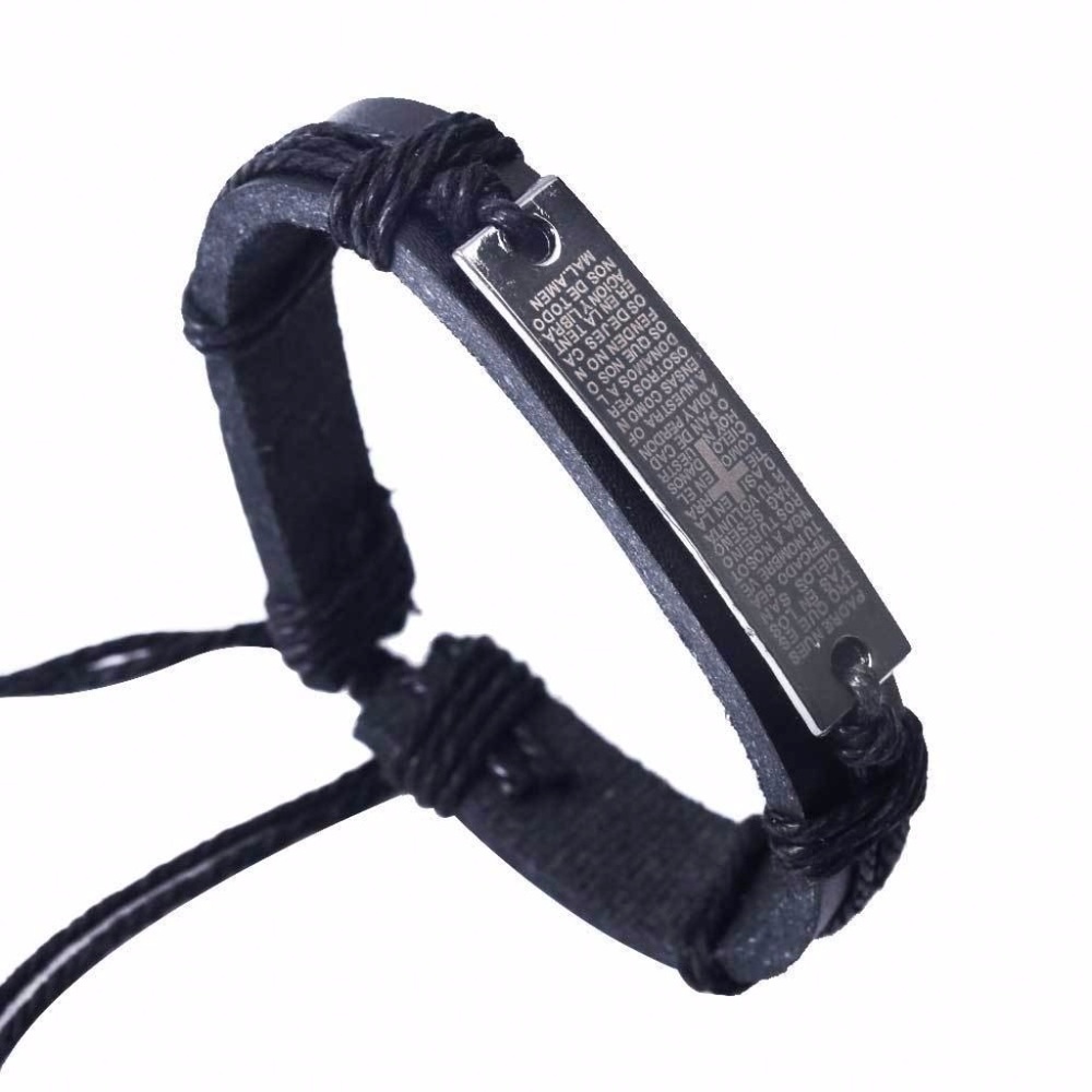 Wish&Co. Vintage Black Leather Bracelet Punk Bible Cross