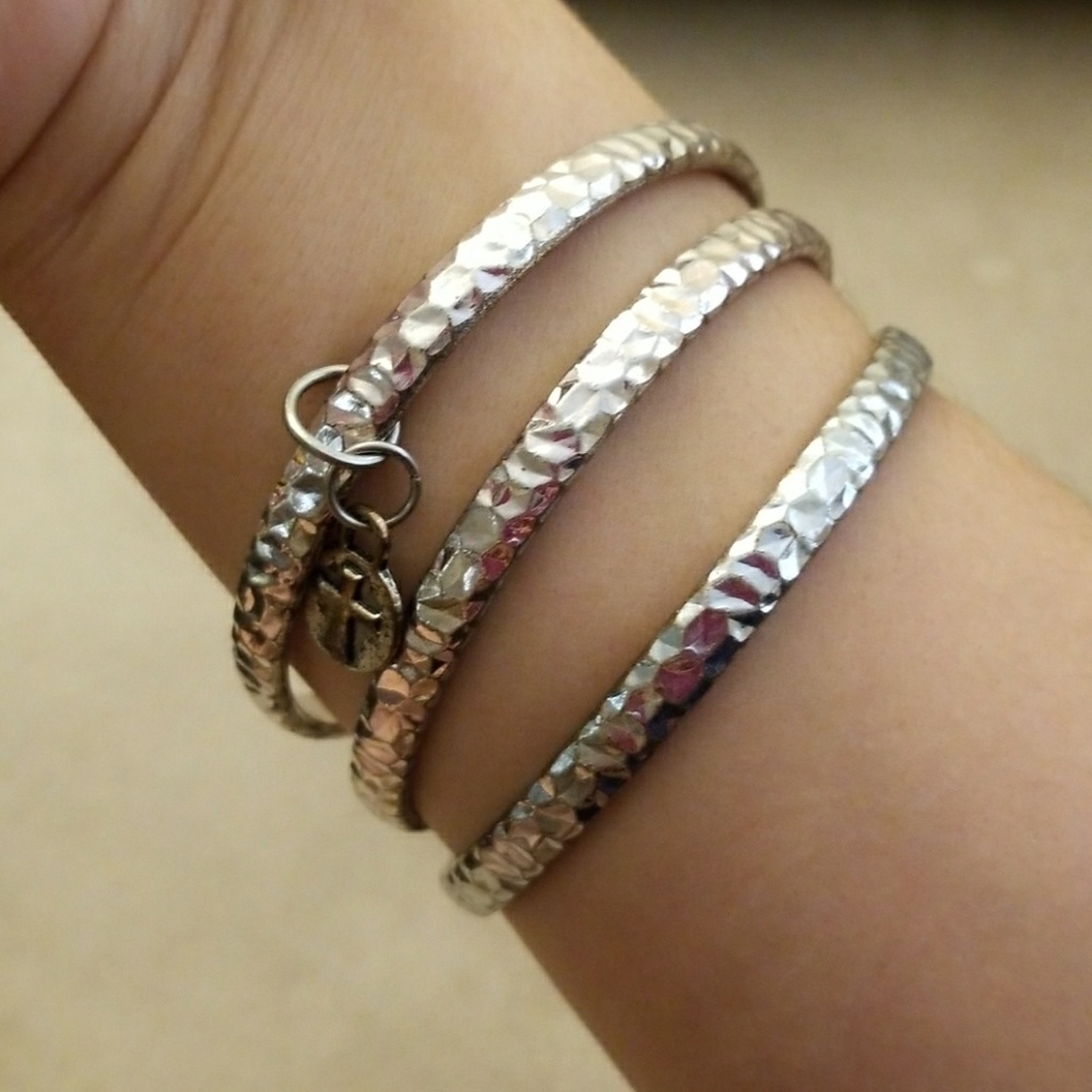 3 Hammered silver tone bangle bracelets