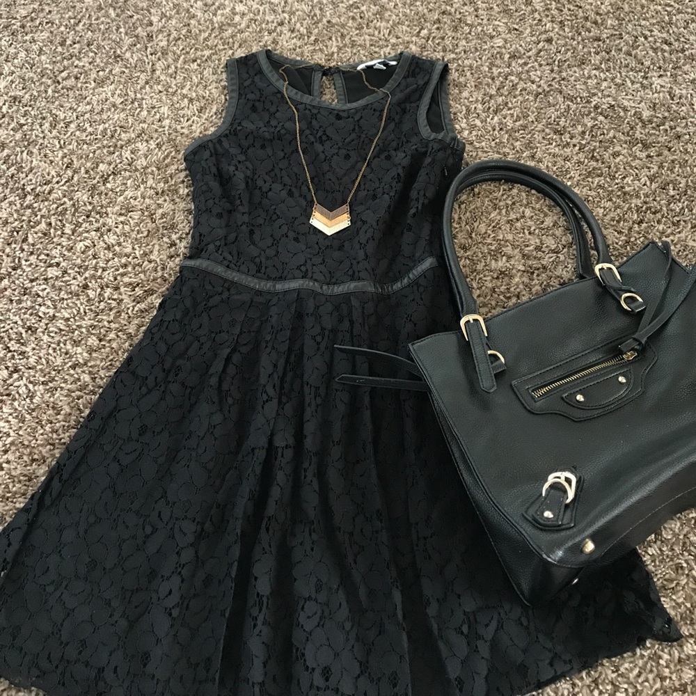 Black Lace Dress with Leather Trim