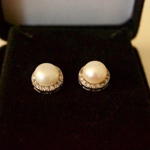 Pearl and diamond halo earrings