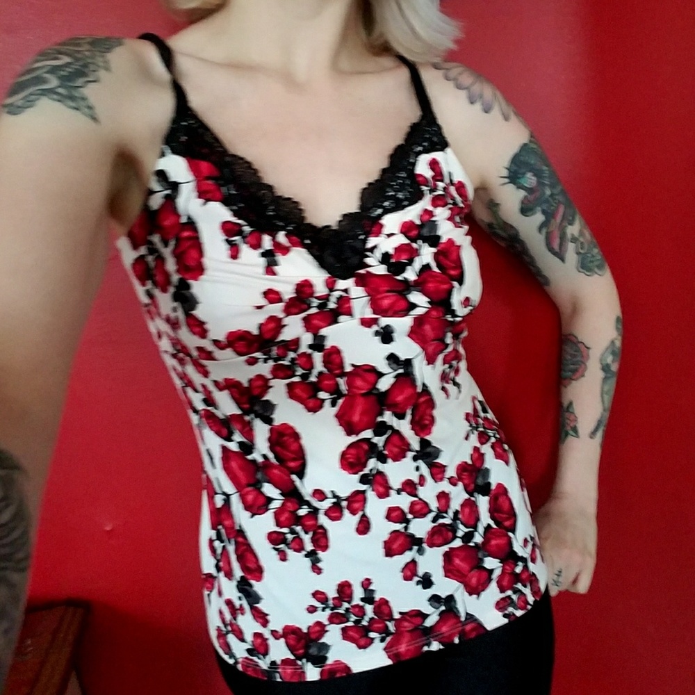 White and red floral print cami