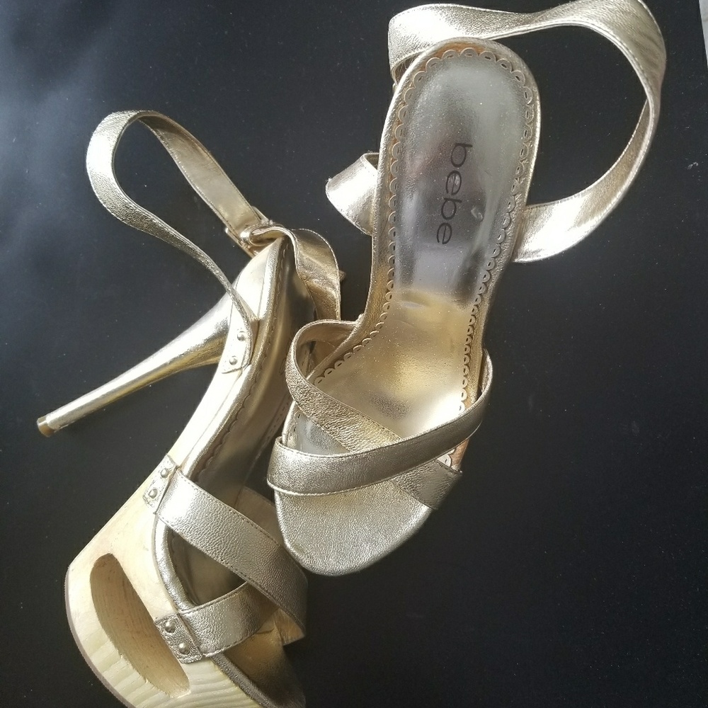 Bebe Gold and Wood high heel sandal