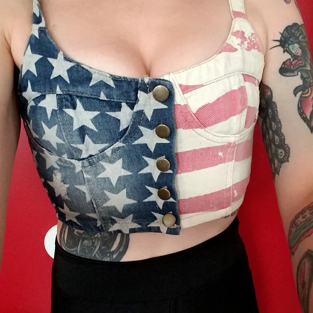 Distressed Denim American Flag Button Down Bustier