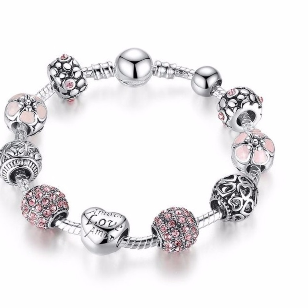 Wish&Co. Pink Rhinestone Love and Flower Crystal Bracelet