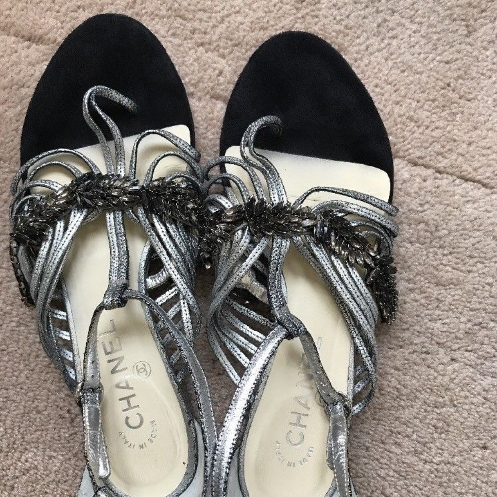 CHANEL Balck/Metallic Silver Sandals 38