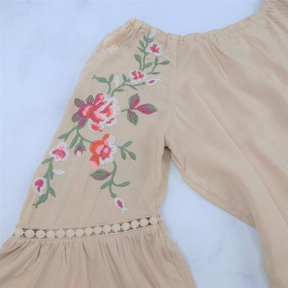 Bell Sleeve Embroidered Off Shoulder Top New Tan - Picture 5 of 5