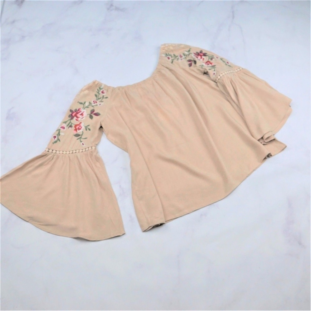 Bell Sleeve Embroidered Off Shoulder Top New Tan - Picture 4 of 5