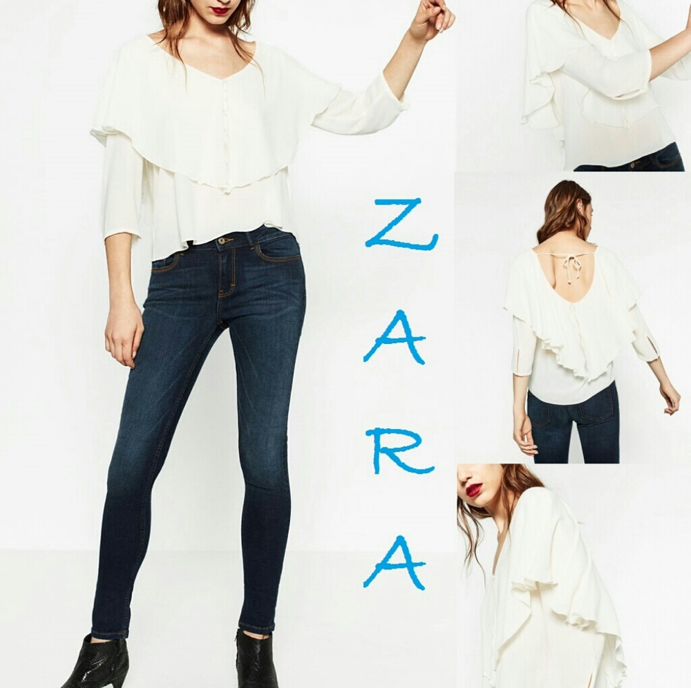 ZARA V-Neck Frilled New Ecru Blouse Size L