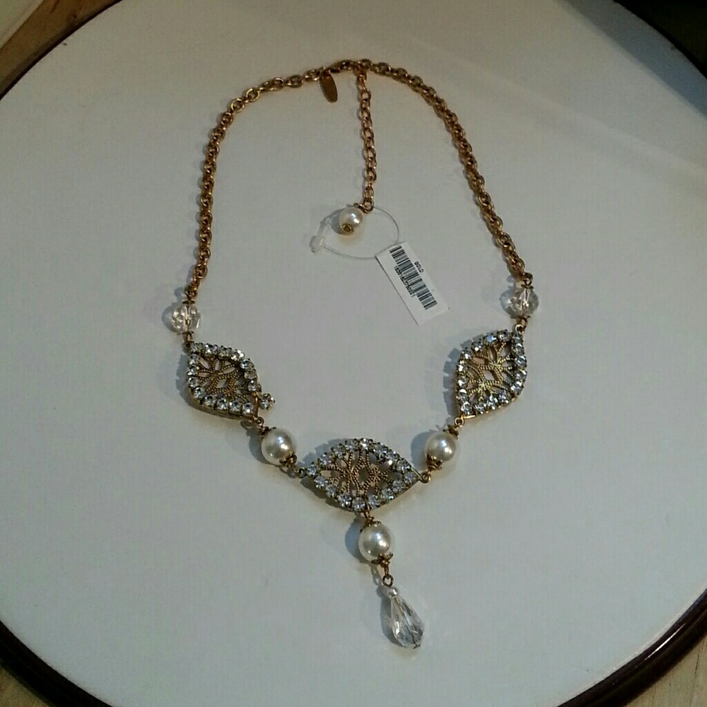 Lenore Dame Rhinestone Filigree Pearl Crystal Dangle Drop Necklace NWT 15"-22" - Picture 3 of 7
