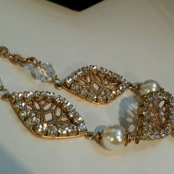 Lenore Dame Rhinestone Filigree Pearl Crystal Dangle Drop Necklace NWT 15"-22" - Picture 4 of 7