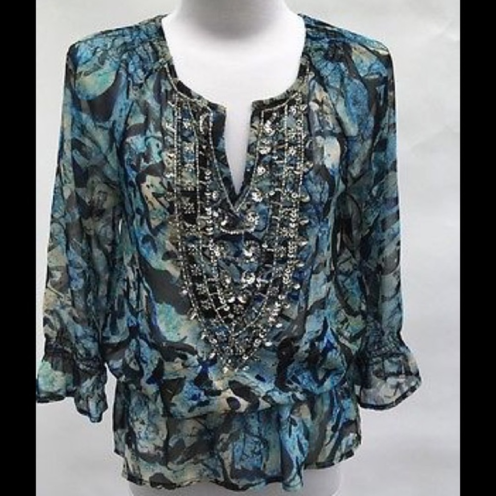 Chico's Blue Beaded Chiffon Caftan Top Size 0 Plus