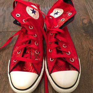 Red satin high top Converse with Chinese design