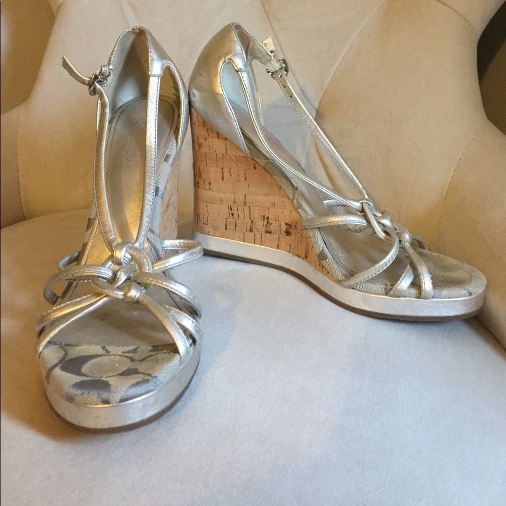 Coach Silver Cork Wedges Size 7 Joslin