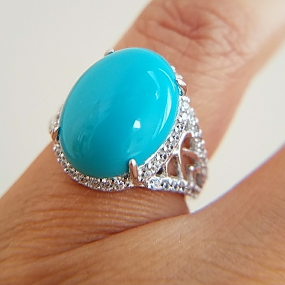 Vintage Inspired Long Oval Blue Turquoise Inlaid .925  New  925 Sterling Silver Large Blue Turquoise Engagement Ring