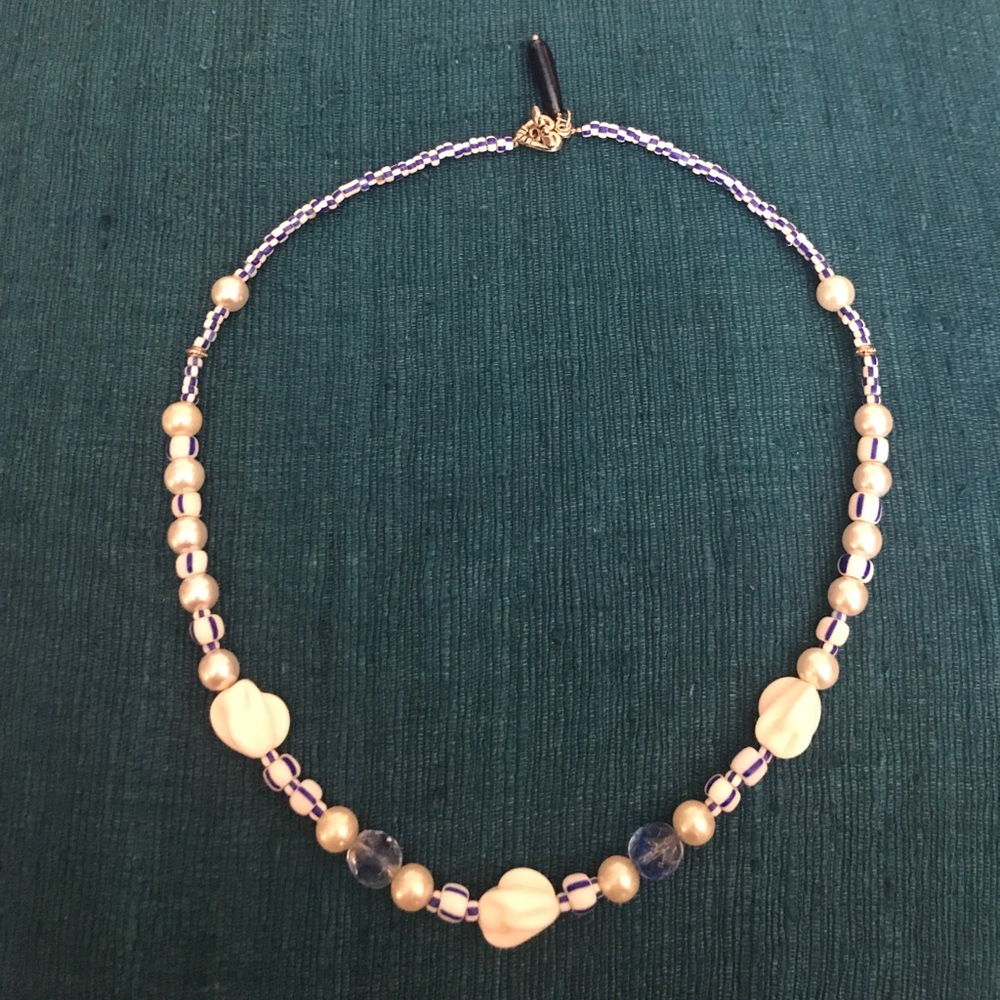 Blue and white beaded necklace