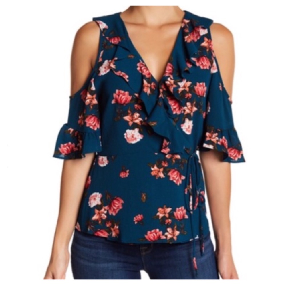 Teal Floral Cold Shoulder Ruffle Wrap Tie Blouse