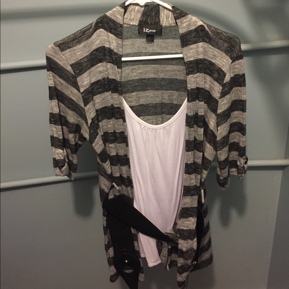 Black and Gray Striped Blouse with Attached Belt